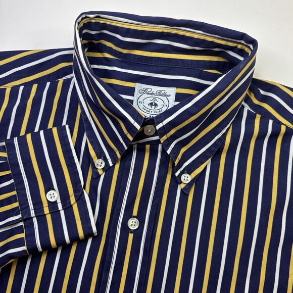 Brooks Brothers Blue Yellow White Stripe Long Sleeve Shirt Mens M Vintage - Picture 1 of 6